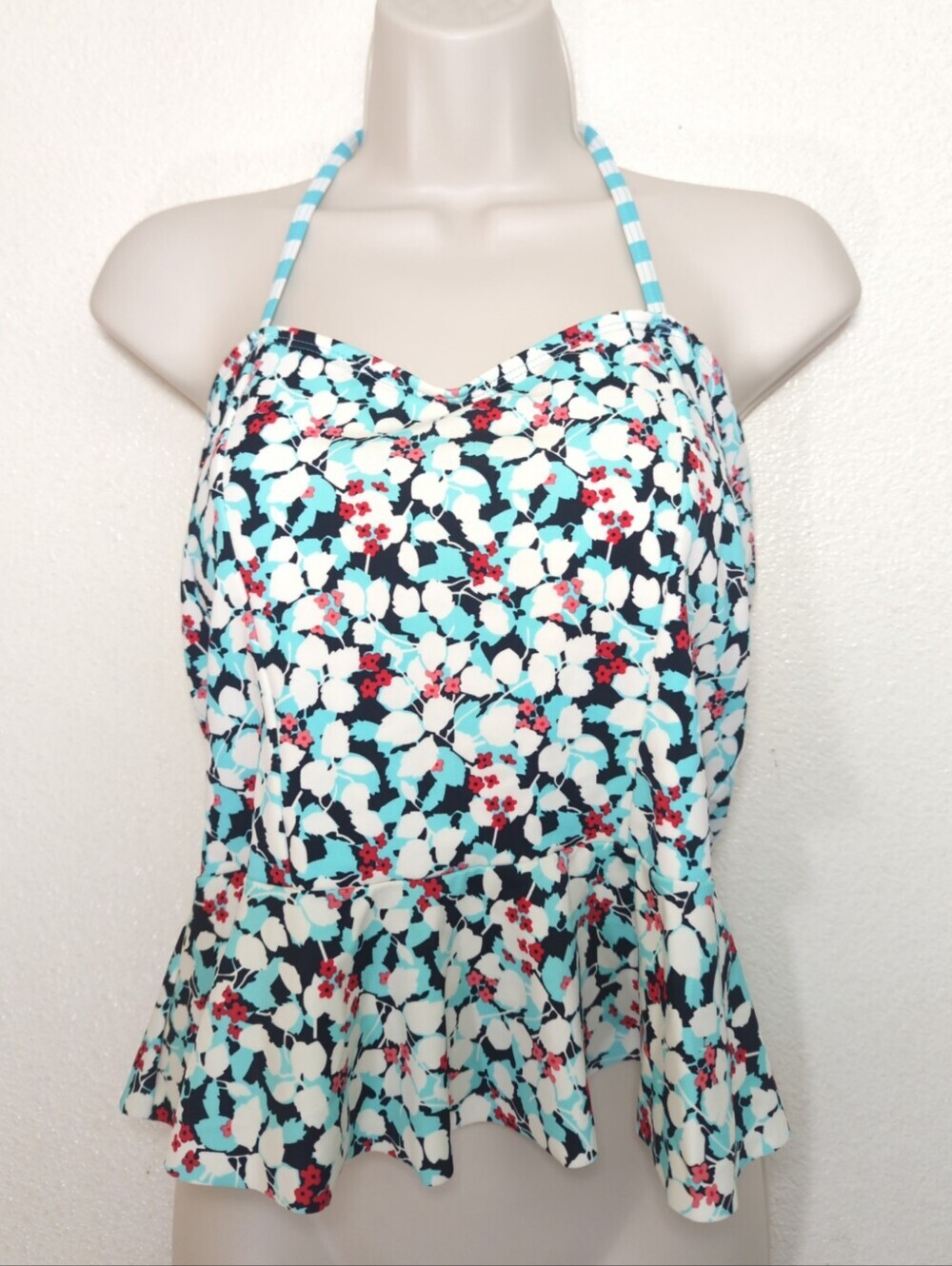 Lime Ricki Floral Peplum Halter Tankini Top in Aqua, Navy & White